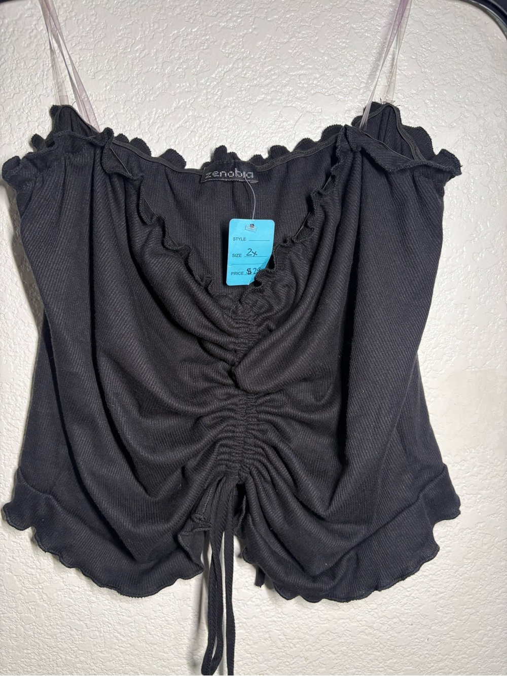 Zenobia Black Cinched Crop Tank with Ruffle Trim